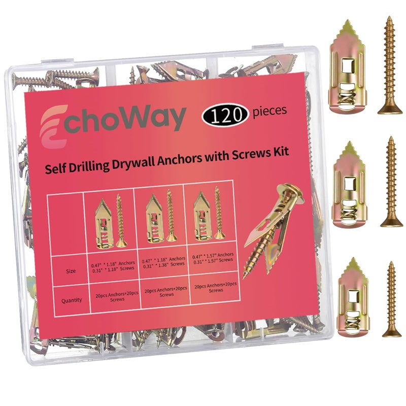 EchoWay 120 PCS Self Drilling Drywall Anchors with Screws Kit, 3 Sizes Heavy Duty Galvanized Metal Expansion Anchors, Drywall Grip Anchors and Screws for Shelf, Mirror, Cabinet, Pictures Frames - Image 1